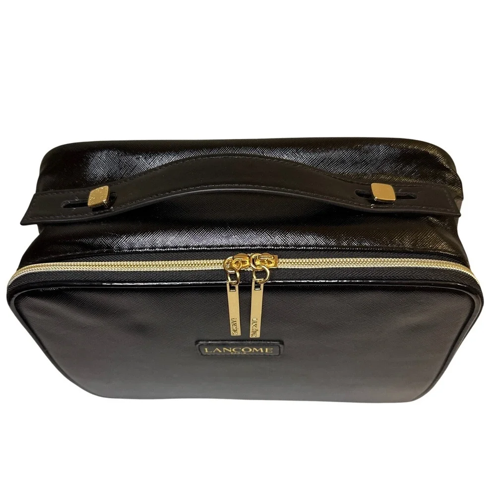 Lancome Paris Black Patent Leather Vanity Makeup Cosmetic Travel Bag Organizer‎